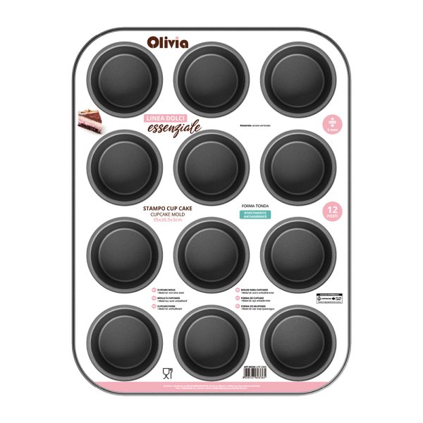 250923 stampo plum cake 60336 Bandeja para hornear cupcakes y muffins acero pintado antiadherente 12 tazas 35x26x3 cm