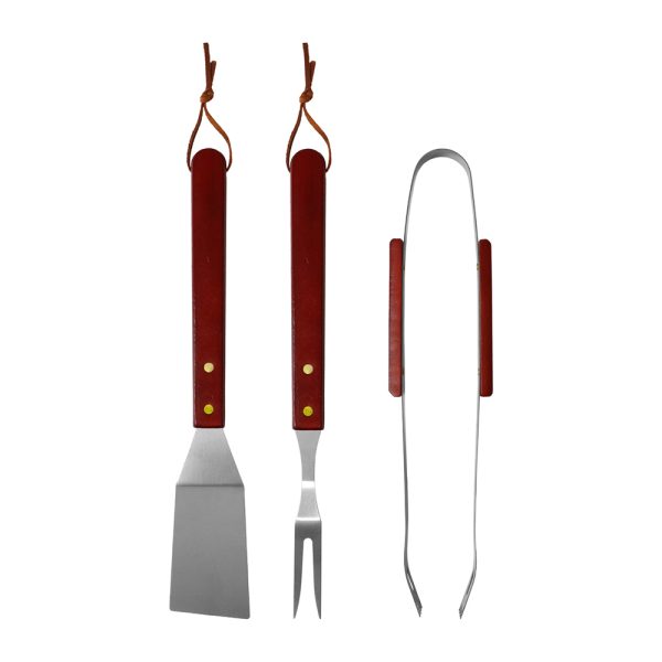 250814 model11 Set utensilios BBQ en acero inoxidable con mango de madera espátula 33,5 cm pinzas 32,5 cm tenedor 33 cm
