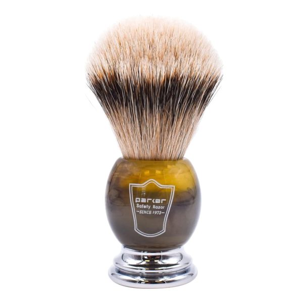 Brocha de afeitar Parker tejón punta plata mango Faux Horn