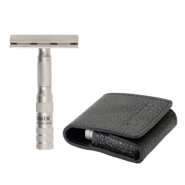 Maquinilla de afeitar Merkur para viaje 933 Acero inoxidable con funda de cuero