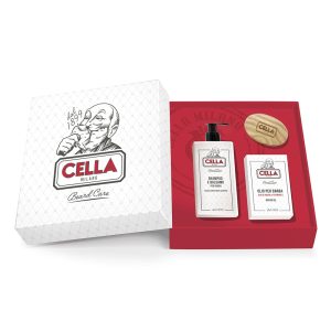 Set para el cuidado de la barba Cella Milano compuesto por champú para la barba, aceite para el cuidado de la barba y cepillo de madera