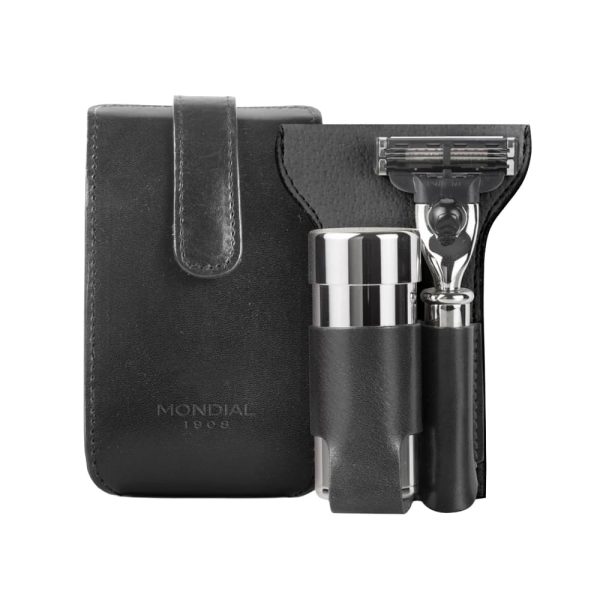 set-viaggio-ecosilvertip-pennello-rasoio-custodia-pelle-toscana-mondial-1908.jpg Set de afeitado Mondial de viaje con brocha EcoSilvertip, maquinilla de afeitar y estuche de piel negro